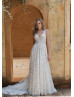 V Neck Ivory Embroidered Lace Tulle Unusual Wedding Dress